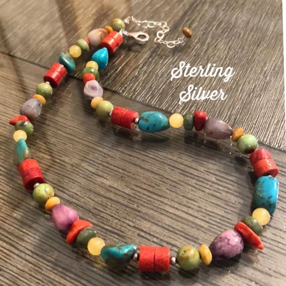 Vintage Native American Stone Treasure Necklace, Sterling Clasp